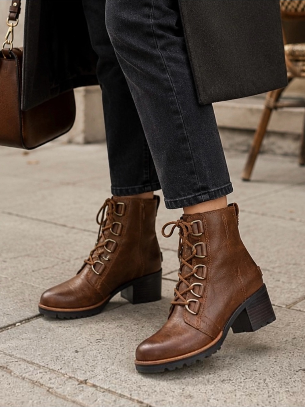 SOREL Cate Lace Womens 8 Redwood Brown Leather Waterproof City Chic Ankle Boots - Picture 2 of 14